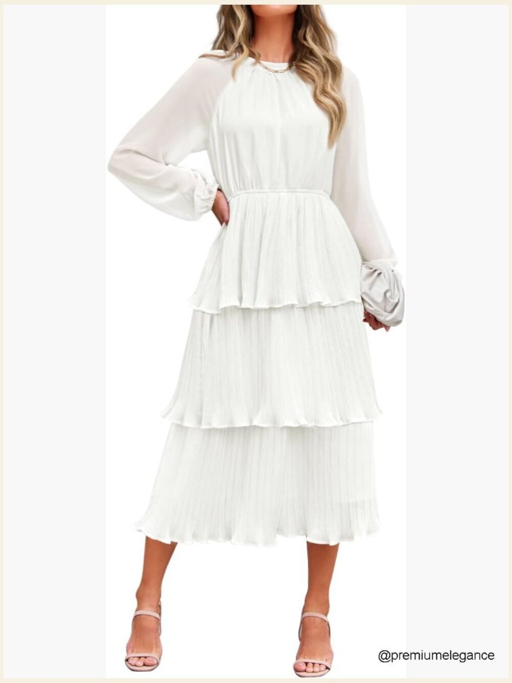 Long Sleeve Chiffon Midi Dress with Ruffle Tiered Hem and Keyhole Back